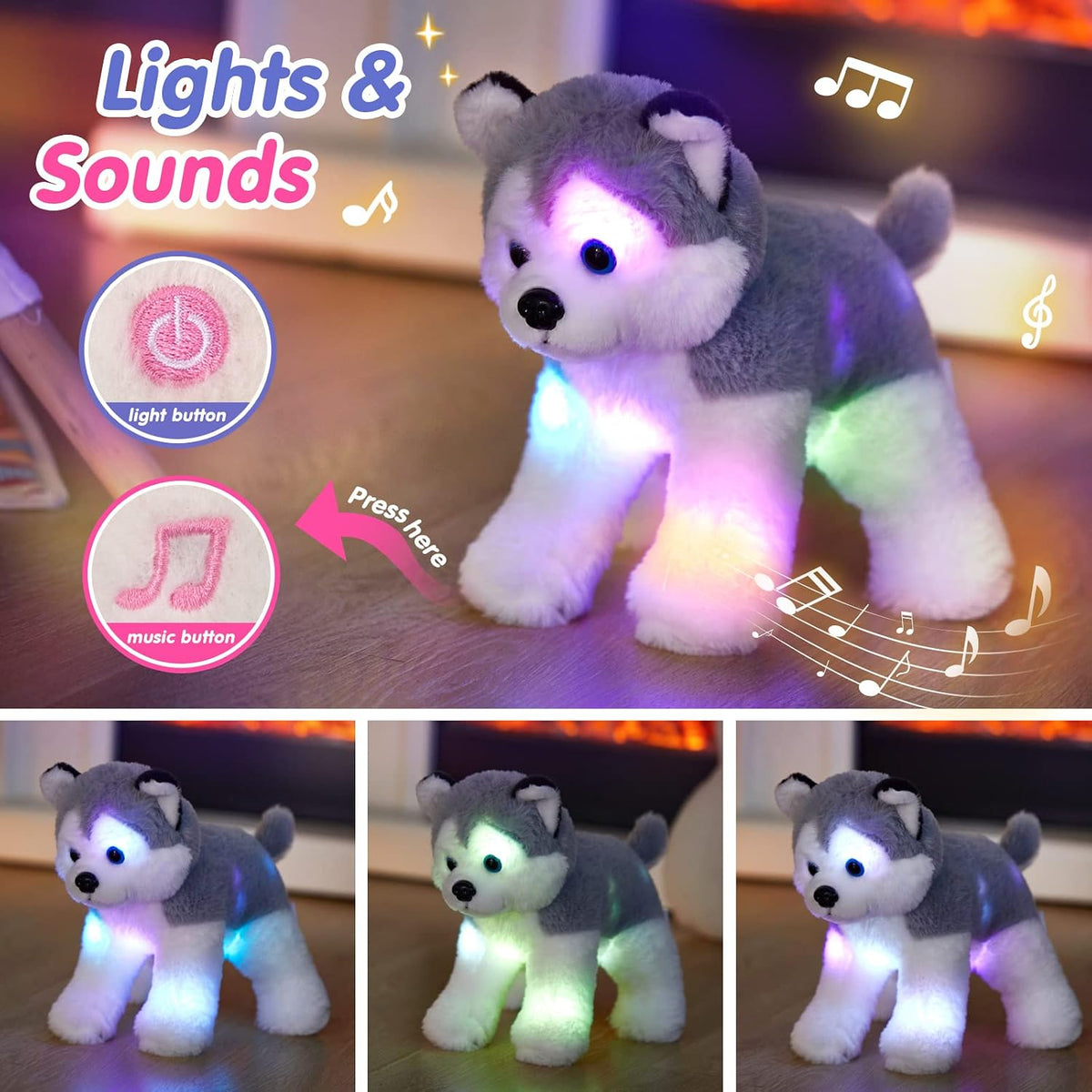 12'' Musical Light up Husky Puppy Stuffed Animal Realistic Husky Plush Toys