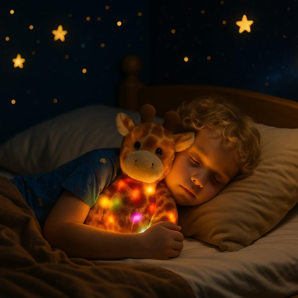 LED Musical Stuffed Giraffe Lighting up Singing Plush Toy Adjustable Volume Lullaby Animated Soothe Birthday Festival for Kids Toddlers Boys Girls, Orange, 11''